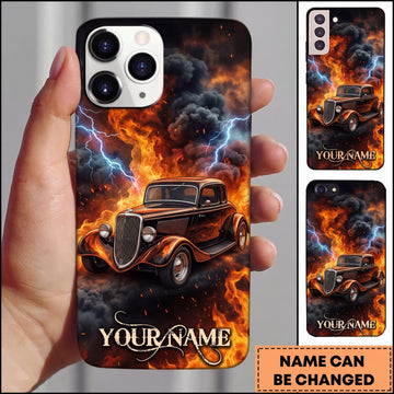 BlueJose Vintage Hot Rod Orange Classic Car with Blue Lightning and Flame Personalized Name 3D Phone Case