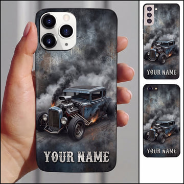 BlueJose Hot Rod Black Classic Car with Gray Smoke and Vintage Garage Personalized Name 3D Phone Case