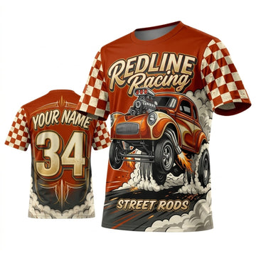 BlueJose Personalized Car Classic Muscle Car 3D T-Shirt – Redline Racing Orange Cream Checkered Flag