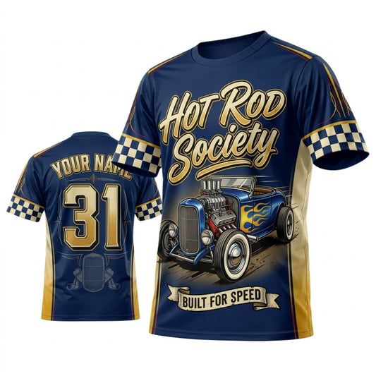 BlueJose Personalized Car Classic Muscle Car 3D T-Shirt – Hot Rod Society Navy Gold Vintage Speed