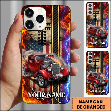 BlueJose Hot Rod Red Vintage Car with Split Fire and Blue Lightning Personalized Name 3D Phone Case