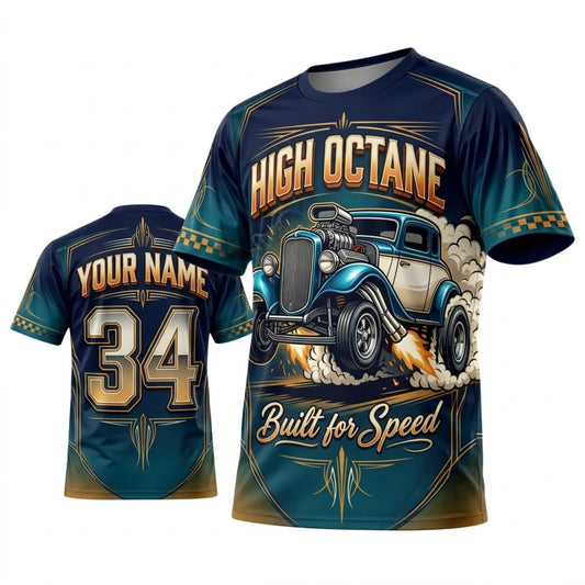 BlueJose Personalized Car Classic Muscle Car 3D T-Shirt – High Octane Navy Teal Vintage Speed Shop