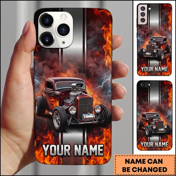BlueJose Hot Rod Red Classic Car with Orange Flame and Dark Smoke Personalized Name 3D Phone Case