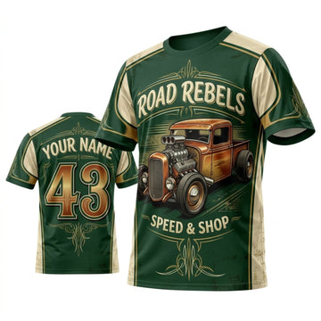 BlueJose Personalized Car Classic Muscle Car 3D T-Shirt – Road Rebels Forest Green Vintage Racing