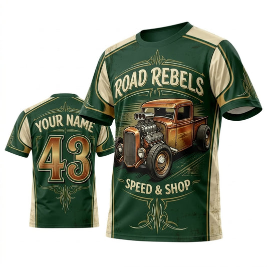 BlueJose Personalized Car Classic Muscle Car 3D T-Shirt – Road Rebels Forest Green Vintage Racing