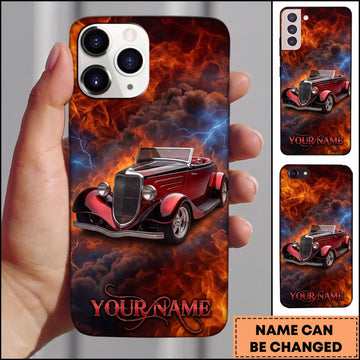 BlueJose Hot Rod Red Vintage Car with Explosive Fire and Dark Smoke Personalized Name 3D Phone Case