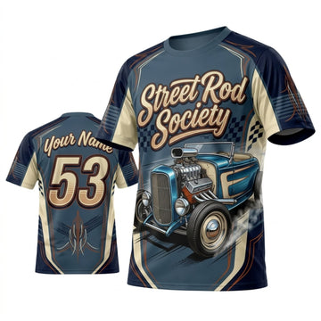 BlueJose Personalized Car Classic Muscle Car 3D T-Shirt – Street Rod Society Steel Blue Classic Custom