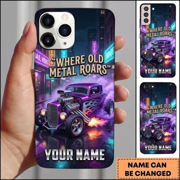 BlueJose Hot Rod Purple Neon Classic Car with Cyberpunk City and Metal Road Design Personalized Name 3D Phone Case