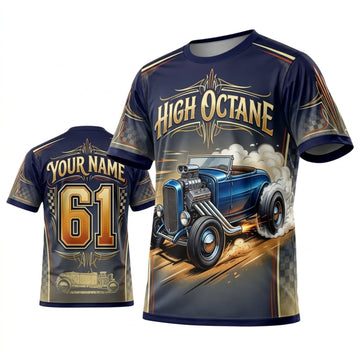BlueJose Personalized Car Classic Muscle Car 3D T-Shirt – High Octane Navy Gold Classic Hot Rod