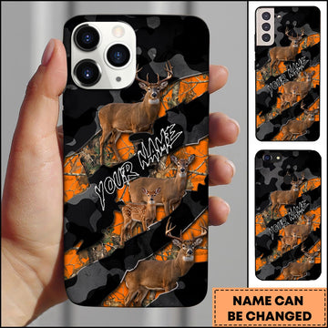 BlueJose Artist Hunting Deer Family Orange Black Camo Diagonal Stripes Personalized Name Phone Case