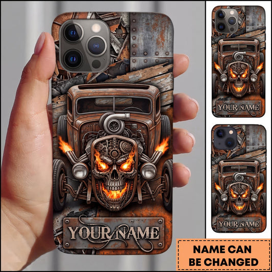 BlueJose Hot Rod Flaming Skull and Rusty Engine Design Personalized Name 3D Phone Case