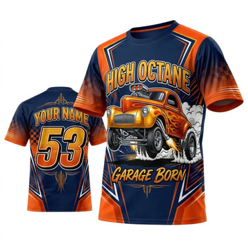 BlueJose Personalized Car Classic Muscle Car 3D T-Shirt – High Octane Orange Blue Garage Born