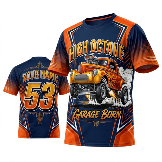 BlueJose Personalized Car Classic Muscle Car 3D T-Shirt – High Octane Orange Blue Garage Born