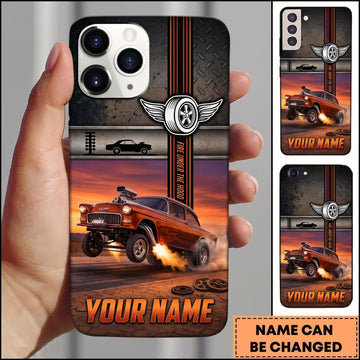 BlueJose Hot Rod Orange Vintage Car with Sunset Highway and Racing Stripes Personalized Name 3D Phone Case