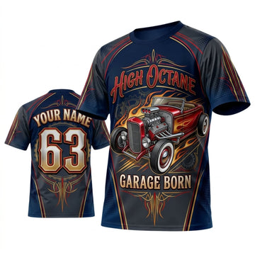 BlueJose Personalized Car Classic Muscle Car 3D T-Shirt – High Octane Navy Red Garage Born