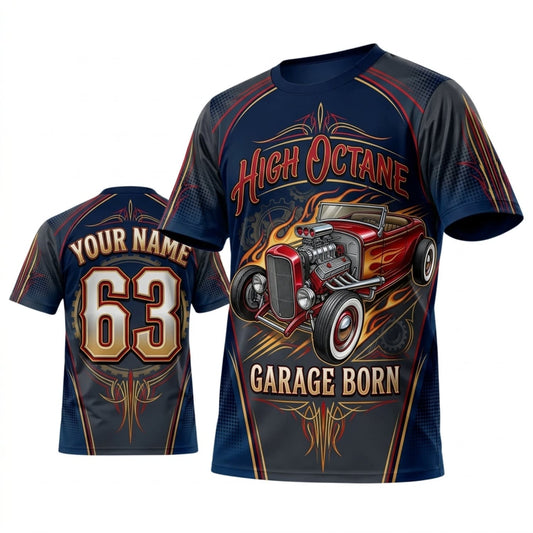 BlueJose Personalized Car Classic Muscle Car 3D T-Shirt – High Octane Navy Red Garage Born