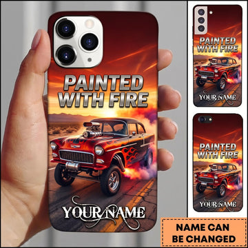 BlueJose Hot Rod Red Vintage Car with Painted With Fire and Orange Flame Personalized Name 3D Phone Case