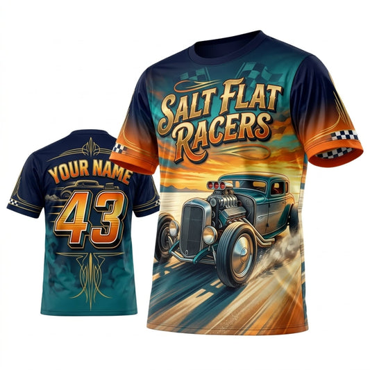 BlueJose Personalized Car Classic Muscle Car 3D T-Shirt – Salt Flat Racers Teal Orange Vintage Speed