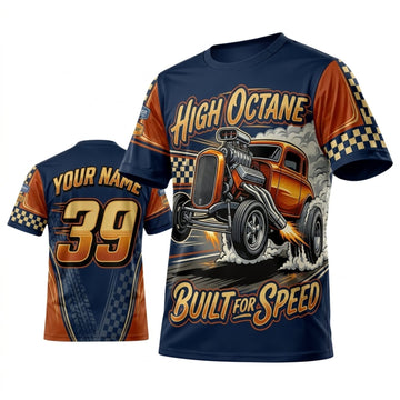 BlueJose Personalized Car Classic Muscle Car 3D T-Shirt – Built For Speed Navy Orange Hot Rod