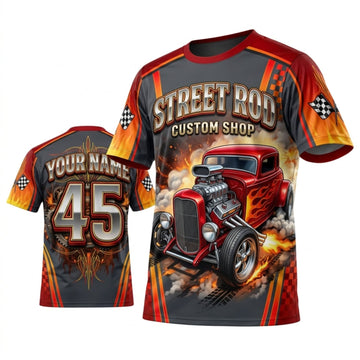 BlueJose Personalized Car Classic Muscle Car 3D T-Shirt – Street Rod Society Red Black Vintage Customs