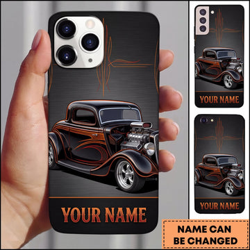 BlueJose Hot Rod Black Vintage Car with Dark Smoke and Orange Racing Accents Personalized Name 3D Phone Case