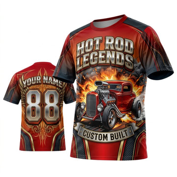 BlueJose Personalized Car Classic Muscle Car 3D T-Shirt – Hot Rod Legends Red Black Custom Garage