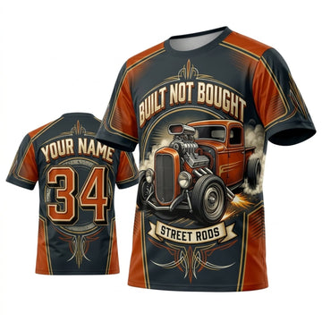 BlueJose Personalized Car Classic Muscle Car 3D T-Shirt – Built Not Bought Grey Orange Classic Street Rod