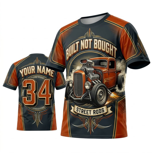 BlueJose Personalized Car Classic Muscle Car 3D T-Shirt – Built Not Bought Grey Orange Classic Street Rod