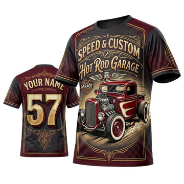 BlueJose Personalized Car Classic Muscle Car 3D T-Shirt – Speed Custom Burgundy Vintage Hot Rod Garage