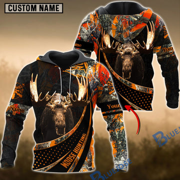 BlueJose Moose Hunting Orange Camo Dot Pattern Custom Name Shirt 3D All Over Printed Clothes
