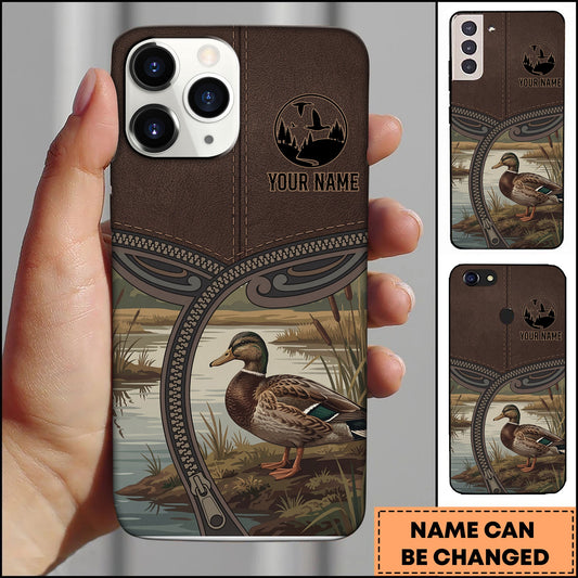 BlueJose Artist Hunting Duck Zipper Leather Brown Vintage Personalized Name Phone Case