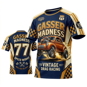 BlueJose Personalized Car Classic Muscle Car 3D T-Shirt – Gasser Madness Navy Gold Vintage Drag Racing