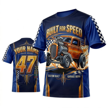 BlueJose Personalized Car Classic Muscle Car 3D T-Shirt – Built For Speed Royal Blue Gold Classic Hot Rod