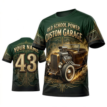 BlueJose Personalized Car Classic Muscle Car 3D T-Shirt – Iron Spirit Forest Green Vintage Garage Rod