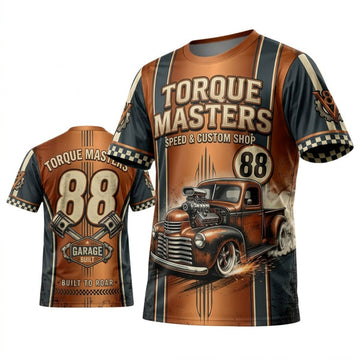 BlueJose Personalized Car Classic Muscle Car 3D T-Shirt – Torque Masters Orange Grey Custom Street Rod