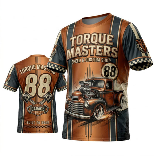 BlueJose Personalized Car Classic Muscle Car 3D T-Shirt – Torque Masters Orange Grey Custom Street Rod