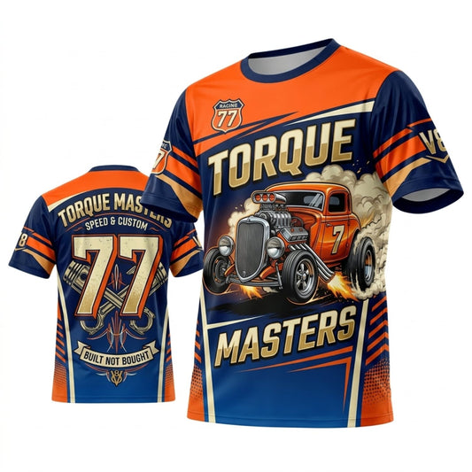 BlueJose Personalized Car Classic Muscle Car 3D T-Shirt – Torque Masters Blue Orange Vintage Racing Rod