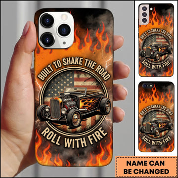 BlueJose Hot Rod Black Classic Car with Skull Garage Emblem and Orange Fire Personalized Name 3D Phone Case