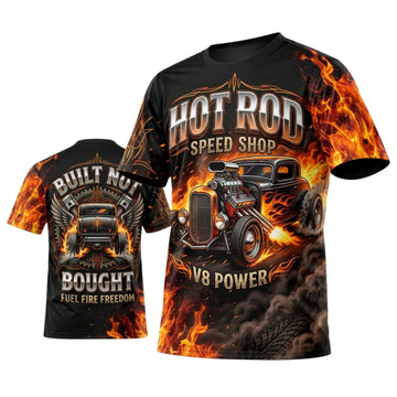 BlueJose Personalized Car Classic Muscle Car 3D T-Shirt – Hot Rod Black Orange Built For Speed Flames