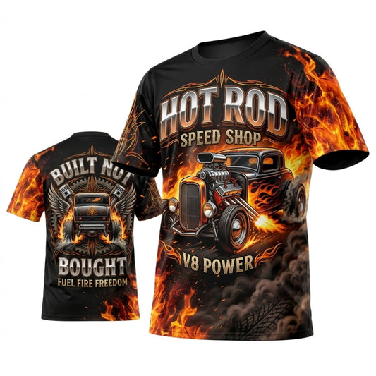 BlueJose Personalized Car Classic Muscle Car 3D T-Shirt – Hot Rod Black Orange Built For Speed Flames