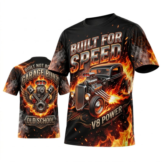 BlueJose Personalized Car Classic Muscle Car 3D T-Shirt – Built For Speed Black Orange V8 Powered Hot Rod