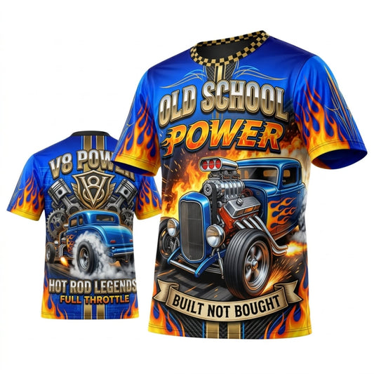 BlueJose Personalized Car Classic Muscle Car 3D T-Shirt – Old School Power Blue Gold Vintage Gasser