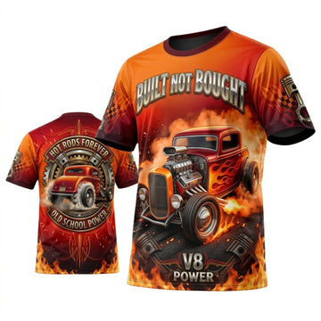 BlueJose Personalized Car Classic Muscle Car 3D T-Shirt – Built Not Bought Orange Red V8 Muscle Power