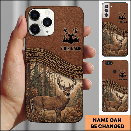 BlueJose Artist Hunting Deer Zipper Leather Brown Forest Scene Personalized Name Phone Case