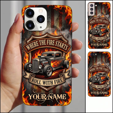 BlueJose Hot Rod Black Classic Car with Flaming Skull and Orange Fire Badge Personalized Name 3D Phone Case