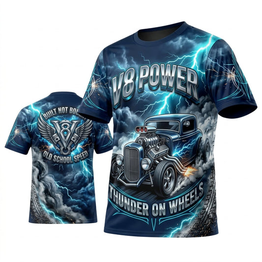 BlueJose Personalized Car Classic Muscle Car 3D T-Shirt – V8 Powered Ice Blue Black Custom Hot Rod