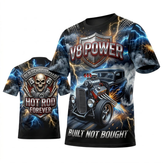 BlueJose Personalized Car Classic Muscle Car 3D T-Shirt – V8 Powered Steel Blue Silver Vintage Racing