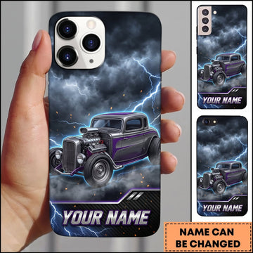 BlueJose Hot Rod Purple Classic Car with Blue Lightning and Dark Storm Clouds Personalized Name 3D Phone Case