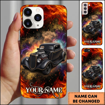 BlueJose Hot Rod Black Vintage Car with Explosive Fire and Dark Smoke Personalized Name 3D Phone Case