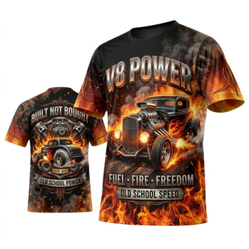 BlueJose Personalized Car Classic Muscle Car 3D T-Shirt – V8 Powered Black Orange Flaming Street Machine